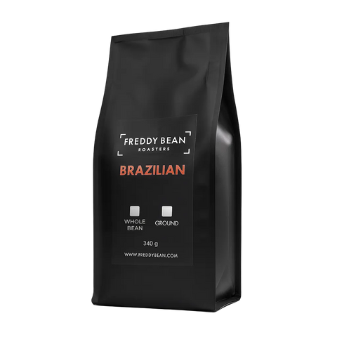 Black coffee bag labeled 'Freddy Bean' with 'Brazilian' text on a white background