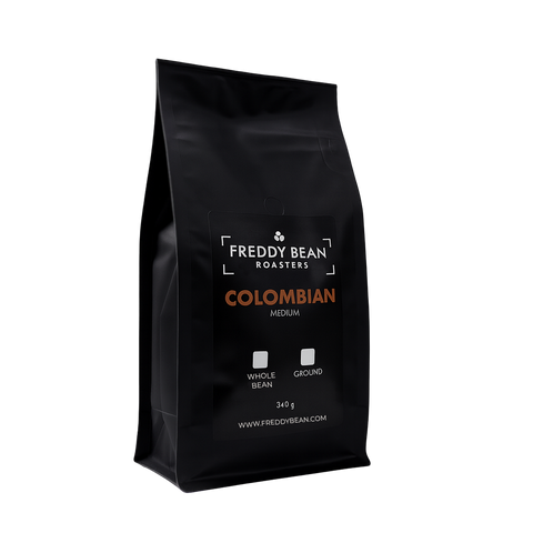 Black coffee bag from Freddy Bean Roasters with Colombian coffee details on a white background