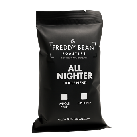 Black coffee bag labeled 'Freddy Bean Roasters All Nighter House Blend' on a white background