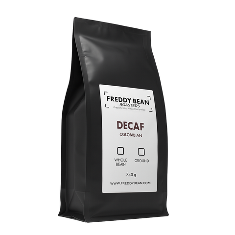 Black coffee bag with 'Freddy Bean Roasters' branding on a white background
