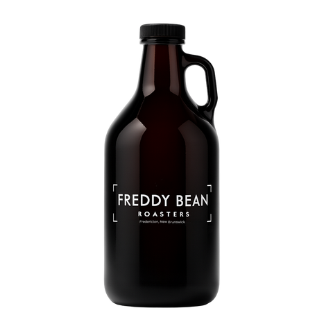 Brown growler with 'Freddy Bean Roasters' label on a white background